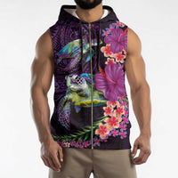Hawaiian Plumeria and Hibiscus with Turtles Sleeveless Zip Hoodie Polynesian Art Purple Color - Polynesian Pride