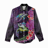 Hawaiian Plumeria and Hibiscus with Turtles Women Casual Shirt Polynesian Art Purple Color - Polynesian Pride