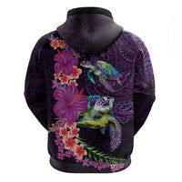 Hawaiian Plumeria and Hibiscus with Turtles Zip Hoodie Polynesian Art Purple Color - Polynesian Pride