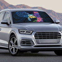 Hawaiian Plumeria and Hibiscus with Turtles Auto Sun Shade Polynesian Art Dark Cyan Color - Polynesian Pride