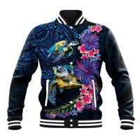 Hawaiian Plumeria and Hibiscus with Turtles Baseball Jacket Polynesian Art Dark Cyan Color - Polynesian Pride