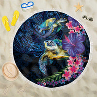 Hawaiian Plumeria and Hibiscus with Turtles Beach Blanket Polynesian Art Dark Cyan Color - Polynesian Pride
