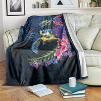 Hawaiian Plumeria and Hibiscus with Turtles Blanket Polynesian Art Dark Cyan Color - Polynesian Pride