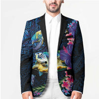 Hawaiian Plumeria and Hibiscus with Turtles Blazer Polynesian Art Dark Cyan Color - Polynesian Pride