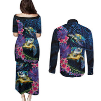 Hawaiian Plumeria and Hibiscus with Turtles Couples Matching Puletasi and Long Sleeve Button Shirt Polynesian Art Dark Cyan Color - Polynesian Pride