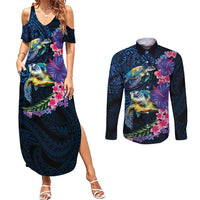 Hawaiian Plumeria and Hibiscus with Turtles Couples Matching Summer Maxi Dress and Long Sleeve Button Shirt Polynesian Art Dark Cyan Color - Polynesian Pride