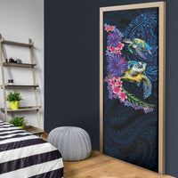 Hawaiian Plumeria and Hibiscus with Turtles Door Cover Polynesian Art Dark Cyan Color - Polynesian Pride