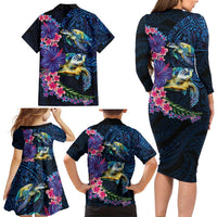 Hawaiian Plumeria and Hibiscus with Turtles Family Matching Long Sleeve Bodycon Dress and Hawaiian Shirt Polynesian Art Dark Cyan Color - Polynesian Pride