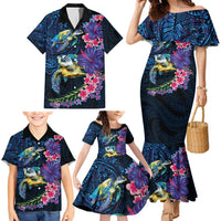 Hawaiian Plumeria and Hibiscus with Turtles Family Matching Mermaid Dress and Hawaiian Shirt Polynesian Art Dark Cyan Color - Polynesian Pride