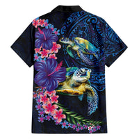 Hawaiian Plumeria and Hibiscus with Turtles Family Matching Off The Shoulder Long Sleeve Dress and Hawaiian Shirt Polynesian Art Dark Cyan Color - Polynesian Pride