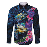 Hawaiian Plumeria and Hibiscus with Turtles Family Matching Off The Shoulder Long Sleeve Dress and Hawaiian Shirt Polynesian Art Dark Cyan Color - Polynesian Pride