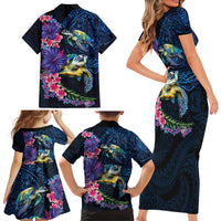 Hawaiian Plumeria and Hibiscus with Turtles Family Matching Short Sleeve Bodycon Dress and Hawaiian Shirt Polynesian Art Dark Cyan Color - Polynesian Pride