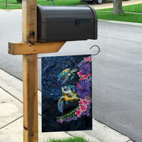 Hawaiian Plumeria and Hibiscus with Turtles Garden Flag Polynesian Art Dark Cyan Color - Polynesian Pride