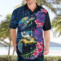 Hawaiian Plumeria and Hibiscus with Turtles Hawaiian Shirt Polynesian Art Dark Cyan Color - Polynesian Pride