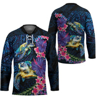 Hawaiian Plumeria and Hibiscus with Turtles Hockey Jersey Polynesian Art Dark Cyan Color LT03 - Polynesian Pride