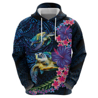 Hawaiian Plumeria and Hibiscus with Turtles Hoodie Polynesian Art Dark Cyan Color - Polynesian Pride