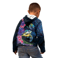 Hawaiian Plumeria and Hibiscus with Turtles Kid Hoodie Polynesian Art Dark Cyan Color - Polynesian Pride