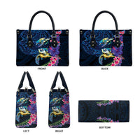 Hawaiian Plumeria and Hibiscus with Turtles Leather Bag Polynesian Art Dark Cyan Color - Polynesian Pride