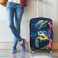 Hawaiian Plumeria and Hibiscus with Turtles Luggage Cover Polynesian Art Dark Cyan Color - Polynesian Pride