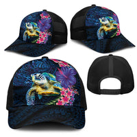 Hawaiian Plumeria and Hibiscus with Turtles Mesh Trucker Cap Polynesian Art Dark Cyan Color LT03 - Polynesian Pride
