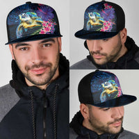 Hawaiian Plumeria and Hibiscus with Turtles Mesh Trucker Cap Polynesian Art Dark Cyan Color LT03 - Polynesian Pride