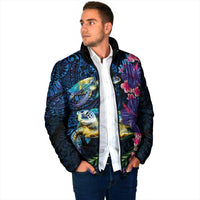 Hawaiian Plumeria and Hibiscus with Turtles Padded Jacket Polynesian Art Dark Cyan Color - Polynesian Pride