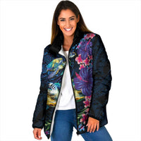 Hawaiian Plumeria and Hibiscus with Turtles Padded Jacket Polynesian Art Dark Cyan Color - Polynesian Pride