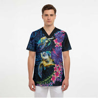 Hawaiian Plumeria and Hibiscus with Turtles Scrub Top Polynesian Art Dark Cyan Color - Polynesian Pride