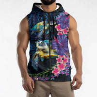 Hawaiian Plumeria and Hibiscus with Turtles Sleeveless Zip Hoodie Polynesian Art Dark Cyan Color - Polynesian Pride