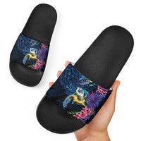 Hawaiian Plumeria and Hibiscus with Turtles Slide Sandals Polynesian Art Dark Cyan Color - Polynesian Pride
