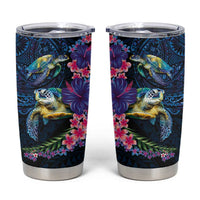 Hawaiian Plumeria and Hibiscus with Turtles Tumbler Cup Polynesian Art Dark Cyan Color - Polynesian Pride