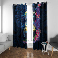 Hawaiian Plumeria and Hibiscus with Turtles Window Curtain Polynesian Art Dark Cyan Color - Polynesian Pride