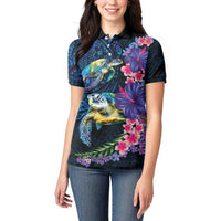 Hawaiian Plumeria and Hibiscus with Turtles Women Polo Shirt Polynesian Art Dark Cyan Color - Polynesian Pride