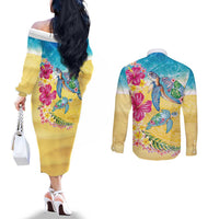 Hawaiian Tropical Plants Turtles Couples Matching Off The Shoulder Long Sleeve Dress and Long Sleeve Button Shirt Watercolor Style - Polynesian Pride