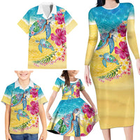 Hawaiian Tropical Plants Turtles Family Matching Long Sleeve Bodycon Dress and Hawaiian Shirt Watercolor Style - Polynesian Pride