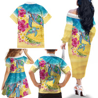 Hawaiian Tropical Plants Turtles Family Matching Off The Shoulder Long Sleeve Dress and Hawaiian Shirt Watercolor Style - Polynesian Pride