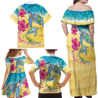 Hawaiian Tropical Plants Turtles Family Matching Off Shoulder Maxi Dress and Hawaiian Shirt Watercolor Style - Polynesian Pride