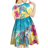 Hawaiian Tropical Plants Turtles Kid Short Sleeve Dress Watercolor Style - Polynesian Pride