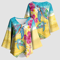 Hawaiian Tropical Plants Turtles Kimono Sleeve Blouse Watercolor Style - Polynesian Pride