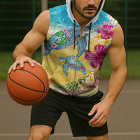 Hawaiian Tropical Plants Turtles Sleeveless Zip Hoodie Watercolor Style - Polynesian Pride