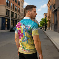 Hawaiian Tropical Plants Turtles Zipper Polo Shirt Watercolor Style - Polynesian Pride