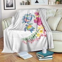 Hawaiian Abstract Art Turtles Blanket with Plumeria and Hibiscus LT03 White - Polynesian Pride
