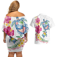 Hawaiian Abstract Art Turtles Couples Matching Off Shoulder Short Dress and Hawaiian Shirt with Plumeria and Hibiscus - Polynesian Pride
