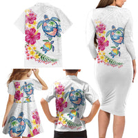 Hawaiian Abstract Art Turtles Family Matching Long Sleeve Bodycon Dress and Hawaiian Shirt with Plumeria and Hibiscus - Polynesian Pride