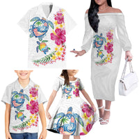 Hawaiian Abstract Art Turtles Family Matching Off The Shoulder Long Sleeve Dress and Hawaiian Shirt with Plumeria and Hibiscus - Polynesian Pride