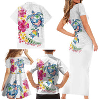 Hawaiian Abstract Art Turtles Family Matching Short Sleeve Bodycon Dress and Hawaiian Shirt with Plumeria and Hibiscus - Polynesian Pride