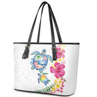Hawaiian Abstract Art Turtles Leather Tote Bag with Plumeria and Hibiscus - Polynesian Pride