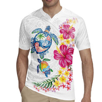 Hawaiian Abstract Art Turtles Rugby Jersey with Plumeria and Hibiscus - Polynesian Pride