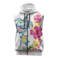 Hawaiian Abstract Art Turtles Sleeveless Zip Hoodie with Plumeria and Hibiscus LT03 White - Polynesian Pride