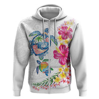 Hawaiian Abstract Art Turtles Zip Hoodie with Plumeria and Hibiscus - Polynesian Pride